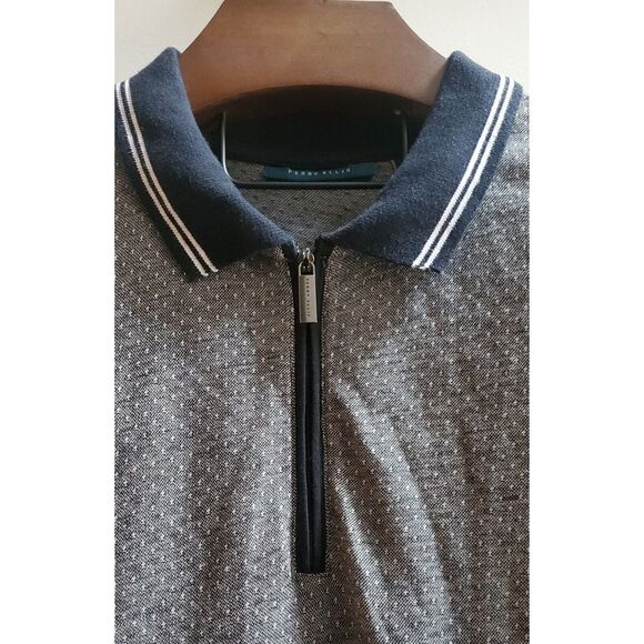 Perry Ellis Men's LG Polo Shirt Black/ White Dobby Pattern Metal Zip Pull - Picture 6 of 15